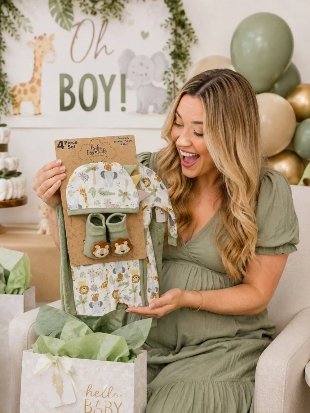 NWT Baby Essentials 4 Piece Baby Boy Gift Set Newborn Safari Outfit Blanket Hat